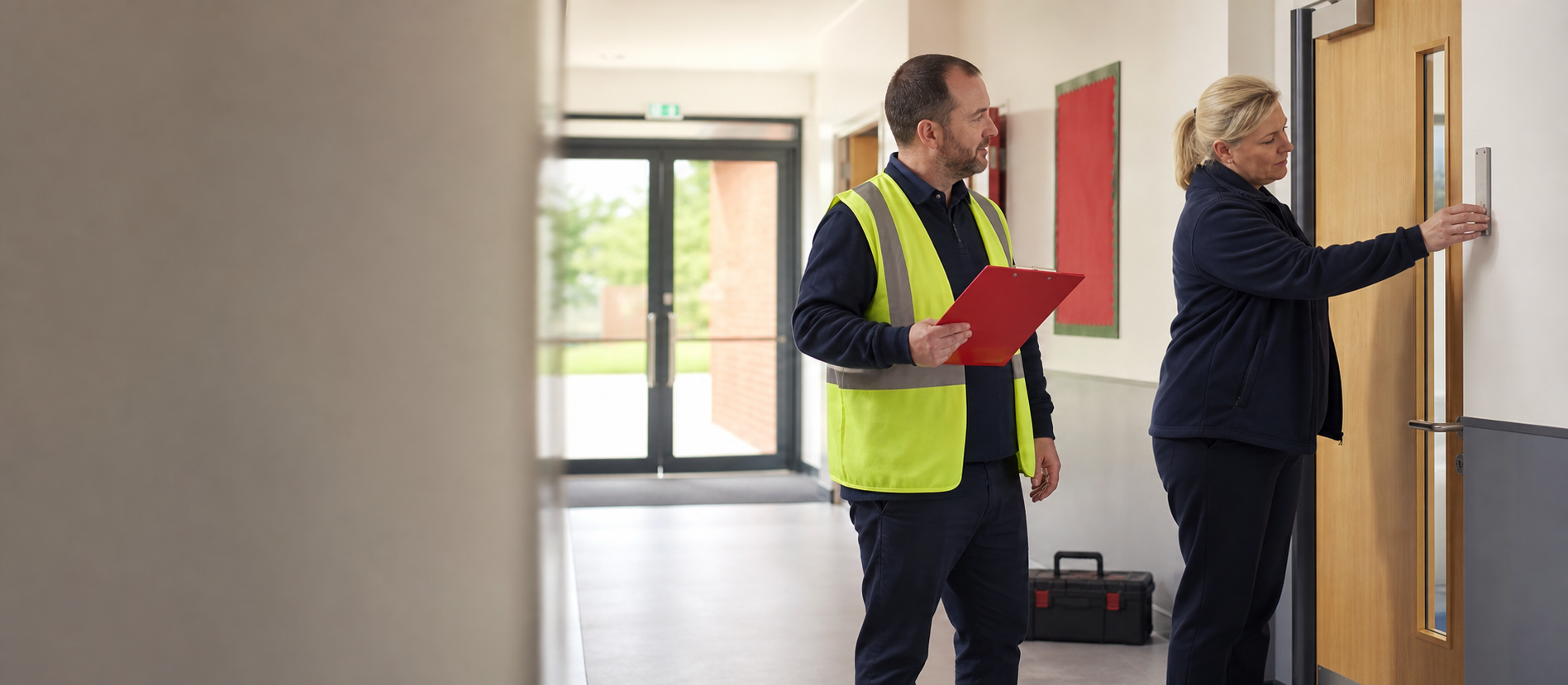 School premises staff carrying out a pre-opening safety inspection
